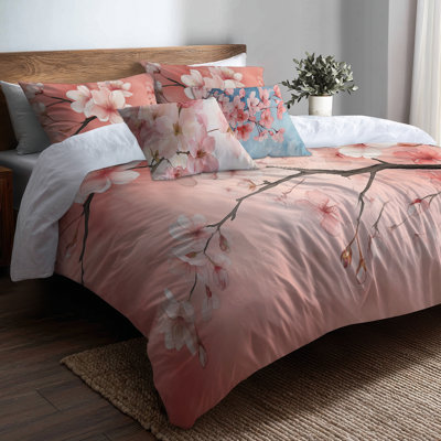 Soft Sakura Cherry Blossom Bloom 5 Pcs Bedding Set - Pink Floral Duvet Cover And Throw Pillow Set