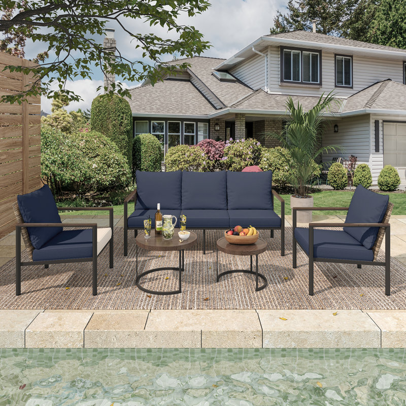 4-Piece All-Weather Wicker Patio Set: 3-Seat Sofa, 2 Chairs,A Tea Table with Cushions - Perfect for Poolside & Backyard, Blue