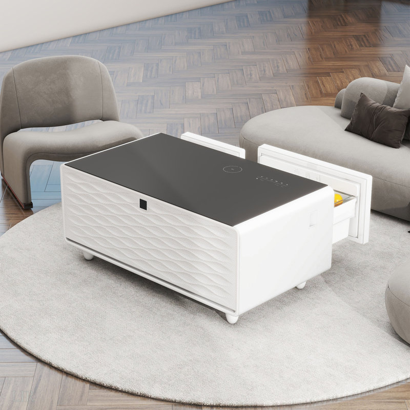 Modern Smart Coffee Table With Built-In Fridge, Bluetooth Speaker, Wireless Charging, Touch Control Panel, USB Ports, Outlet Protection, Atmosphere Light
