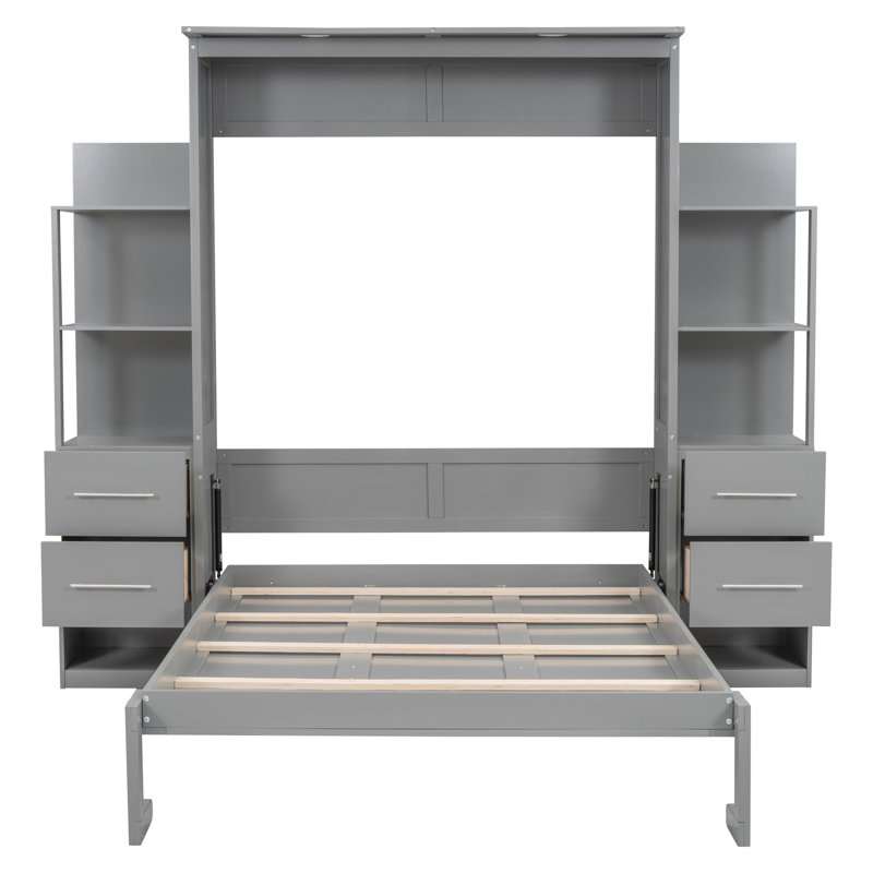 Wall Bed With Shelves And Comfort, Gray - Space Saving For Multi Rooms Guest Full Size In Drawer Home Offices Apartments