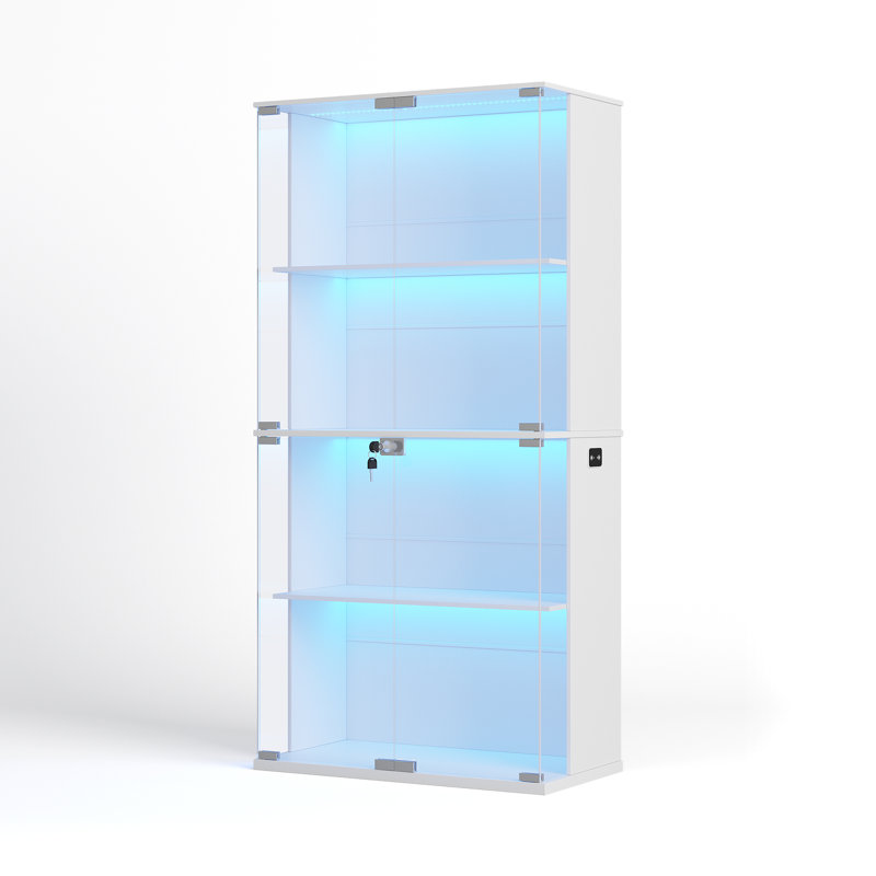 Display Cabinet With Glass Doors, Lighted Display Case With 3 Color Lights, 4-tier Bookcase With Human Body Sensor, White