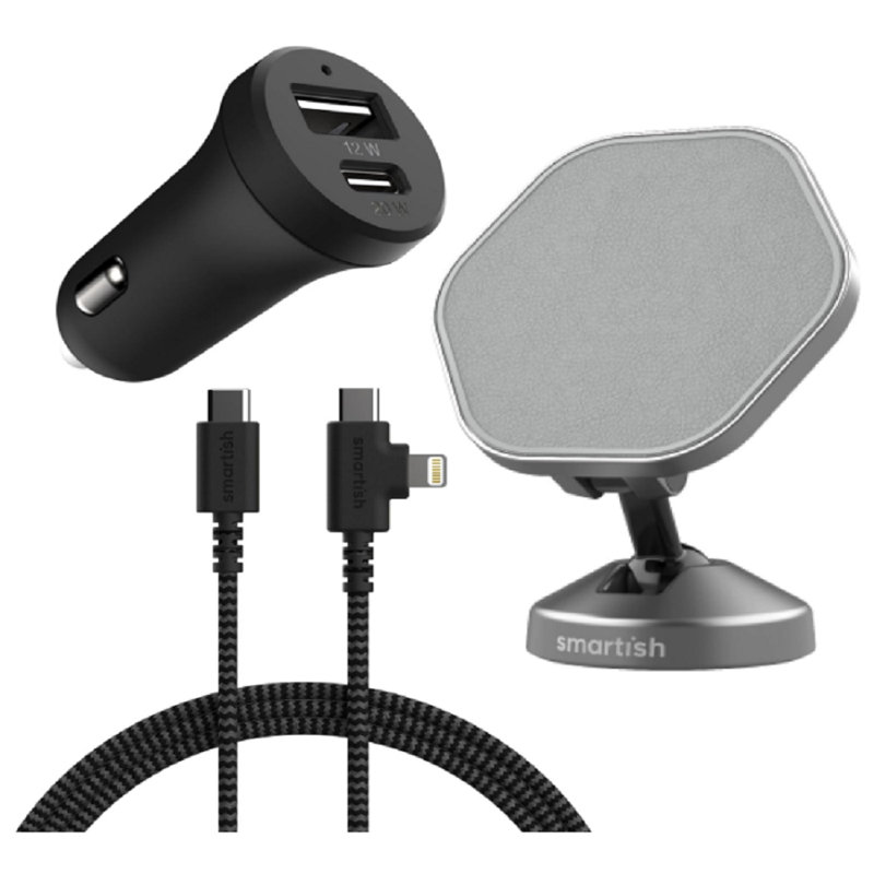 Smartish MagSafe Mountaineer Car Mount + USB-C/Lightning Cable + USB/USB-C Car Charger Bundle - Magnetic Stick on Adhesive Phone Holder - Extra Strength Magnet for Apple Accessories - Drive Me Grayzy