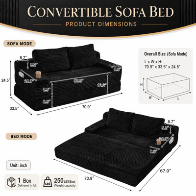 70.9" Corduroy 2-in-1 Convertible Sofa Bed Recliner Lounge Chair with 2 Throw Pillows, Armrest Cup Holders & Side Storage Pockets, Multifunctional Couch for Living Room, Bedroom & Relaxation Areas