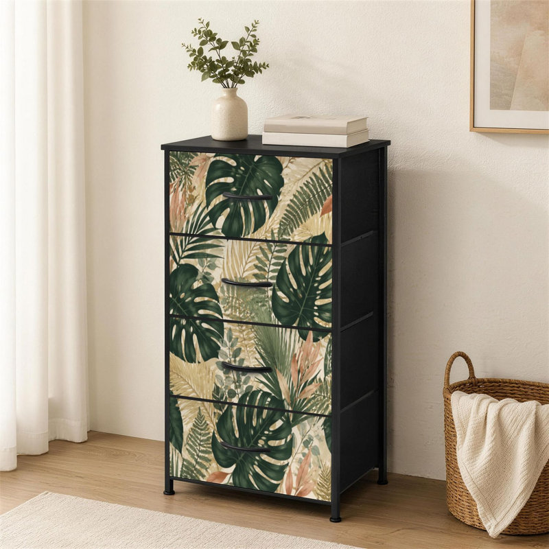 Commode 4 tiroirs pour chambre à coucher vert doré feuilles tropicales blanches Style sans couture Hawaii Botanical Small