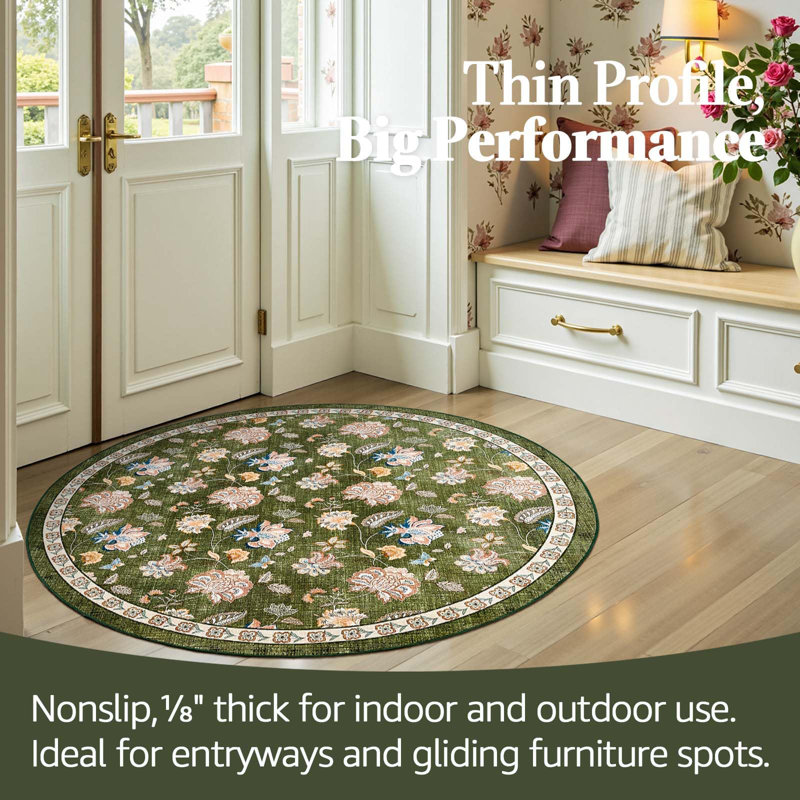 Chinoiserie Floral Rug Vintage Romance Design Washable Non-slip Green, Round 4', Green