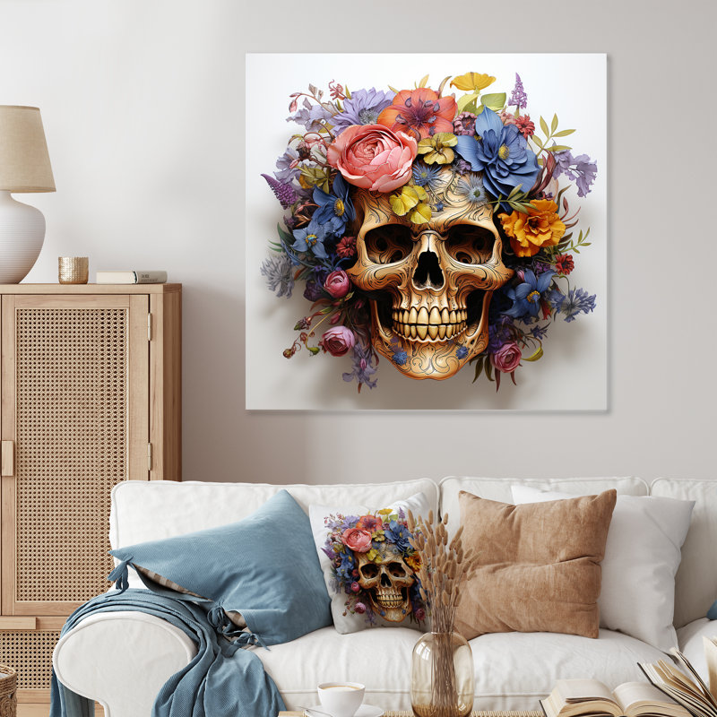 Crâne floral à la mode dans un environnement doré I - art mural en métal mode crâne, H 36 po x l 36 po