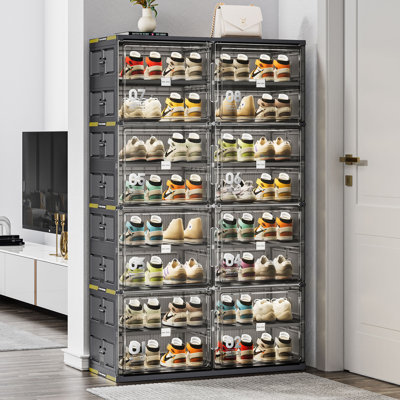  Modern Double Column 4-Tier Foldable Shoe Cabinet With Magnetic Doors, Black Storage Organizer For Entryway Or Closet