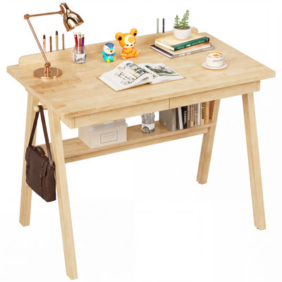 100% Solid Wood Desk with Drawers & Storage Shelf - 40 x 24 Inch Natural Boho Desks, Vintage Writing Desk with Deeper Desktop, Home Office Computer Desks for Bedroom & Home-Natural