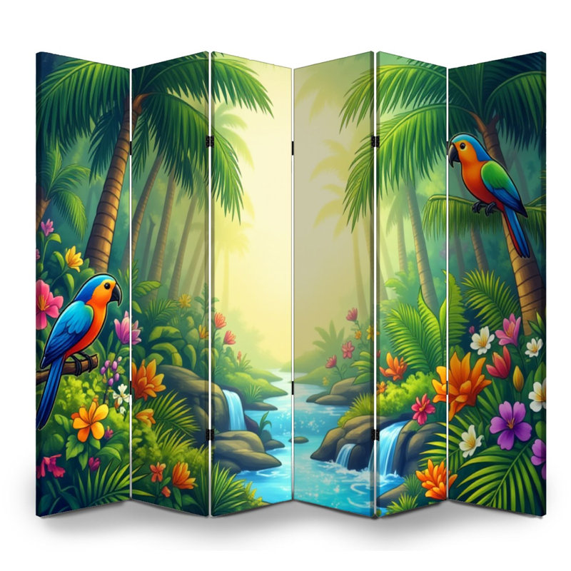 6 panneaux paravents pliables Paravents multicolores Jungle tropicale colorée Cascade d'écrans Toile Séparateur de pièce Paravent de protection autoportant Cloison d'intimité
