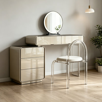 Meuble-lavabo de luxe 39,37 "en bouleau massif de luxe à plusieurs couches - Miroir argenté à 3 couleurs à intensité variable sans cuivre, coins arrondis et poignées cachées, armoire de rangement latérale mobile, ensemble de table de maquillage