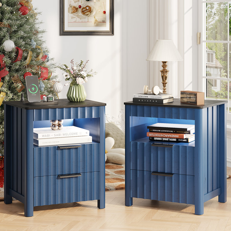 17.7'' W 2-Drawer Nightstand with LED Light (Set of 2), Blue