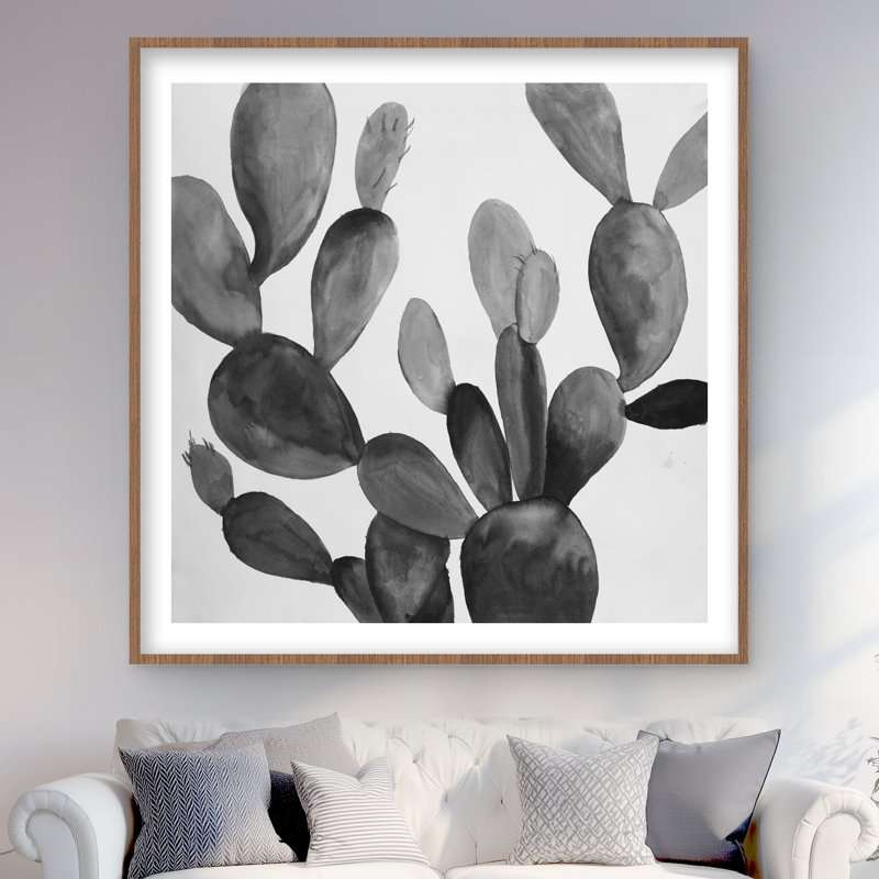 Cactus en niveaux de gris - reproduction mat exotique encadrée pour la décoration intérieure, H 48 po x l 48 po