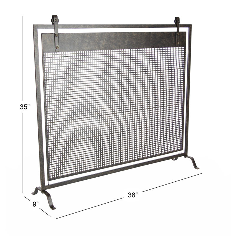 Metal Suspended Grid Single Panel Geometric Fireplace Screen with Bolted Detailing, Black