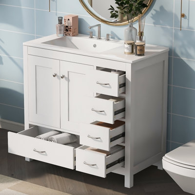 Ensemble de meuble-lavabo pour salle de bain avec lavabo en céramique et armoire de rangement abondante