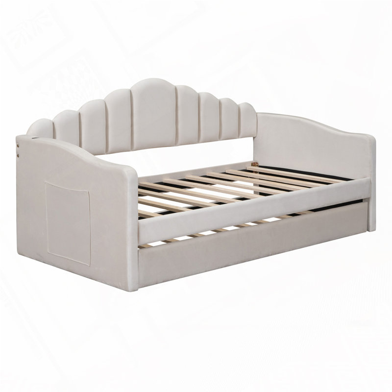 Twin Size Upholstered Daybed With Trundle, Pockets And Usb Ports, Beige