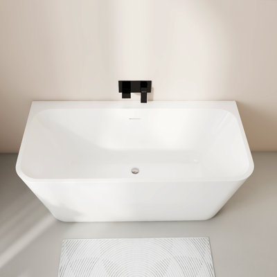 Baignoire autoportante en acrylique HIGEINE de 59 po, baignoire profonde, baignoire moderne dos à mur avec drain central et trop-plein intégrés