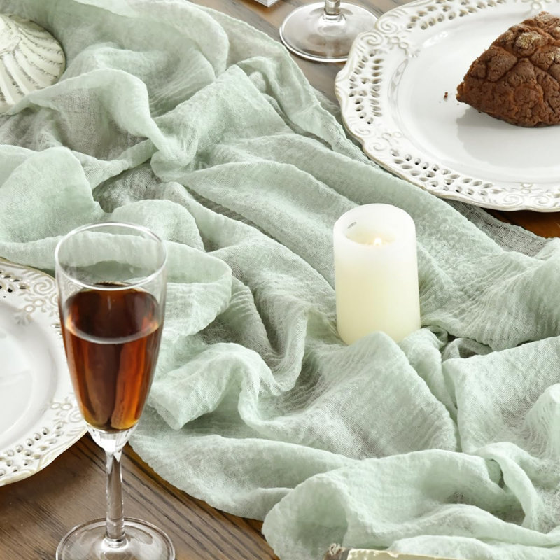 Sage Green 2PCS Boho Gauze Cheesecloth Table Runner 300 cm | Seasonal Spring Bridal Fabric Kitchen Dining Wedding Holiday Table Decor for Home Party