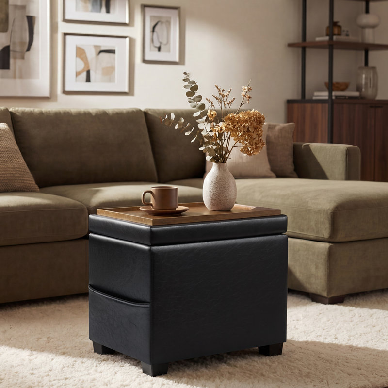 Repose-pieds de rangement rectangulaire en similicuir de 15,5 po, Black