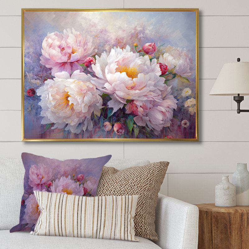 Rose et blanc pivoines charme I - pivoines, impressions sur toile, H 24 po x l 32 po x P 1 po, Cadre flottant doré