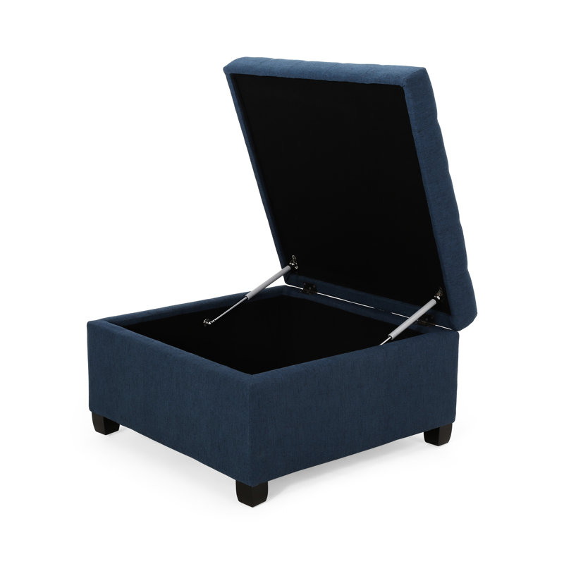 Navy Blue Upholstered Storage With Contemporary Look, Birch Wood Legs, Hinges And 18.33 In Height