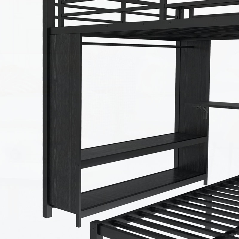 Lit superposé avec garde-robe intégré, lit superposé en métal avec lit gigogne, bureau pliable, échelles, conception à réduction de bruit, noir