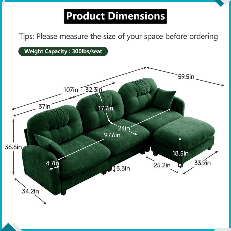 Canapé modulaire modulaire en L chenille avec repose-pieds vert, Chenille verte