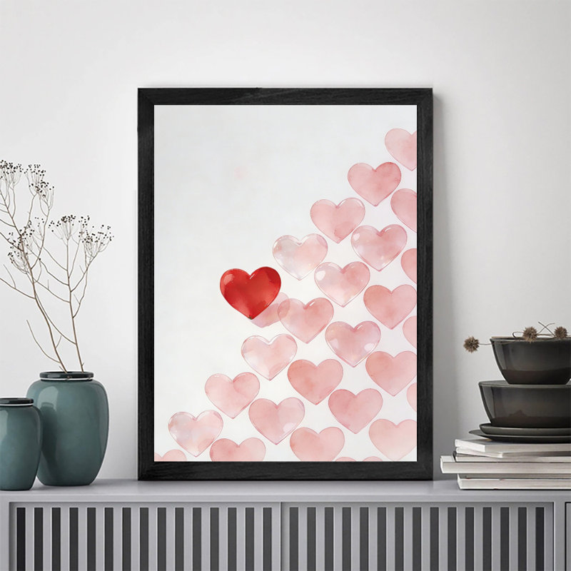 Aquarelle encadrée noire, ballons de cœur, impression amour, impression sur le thème de la Saint-Valentin, H 11 po x l 9 po