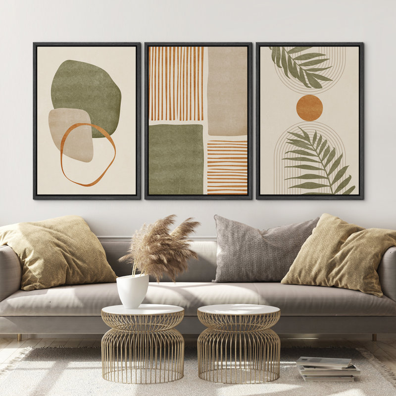 «Mid Century Modern Boho», feuille organique tropicale organique, images chaudes abstraites neutres, impression sur toile encadrée, 3 pièces