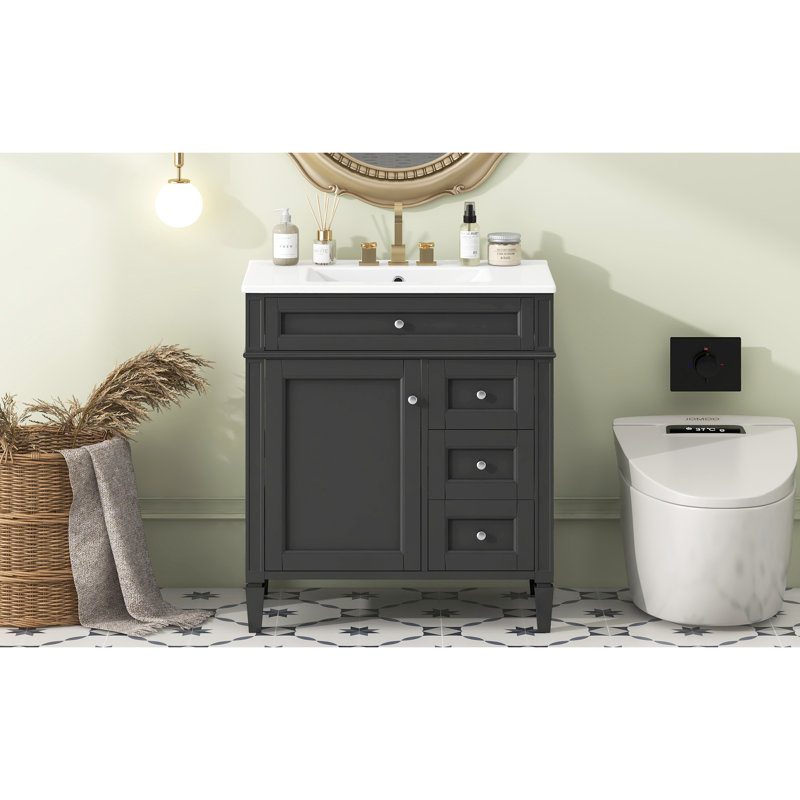 Meuble-lavabo moderne de 30 po avec lavabo supérieur, 3 tiroirs, organisateur de porte d'armoire, poignées texturées et pieds romains exquis pour un rangement spacieux