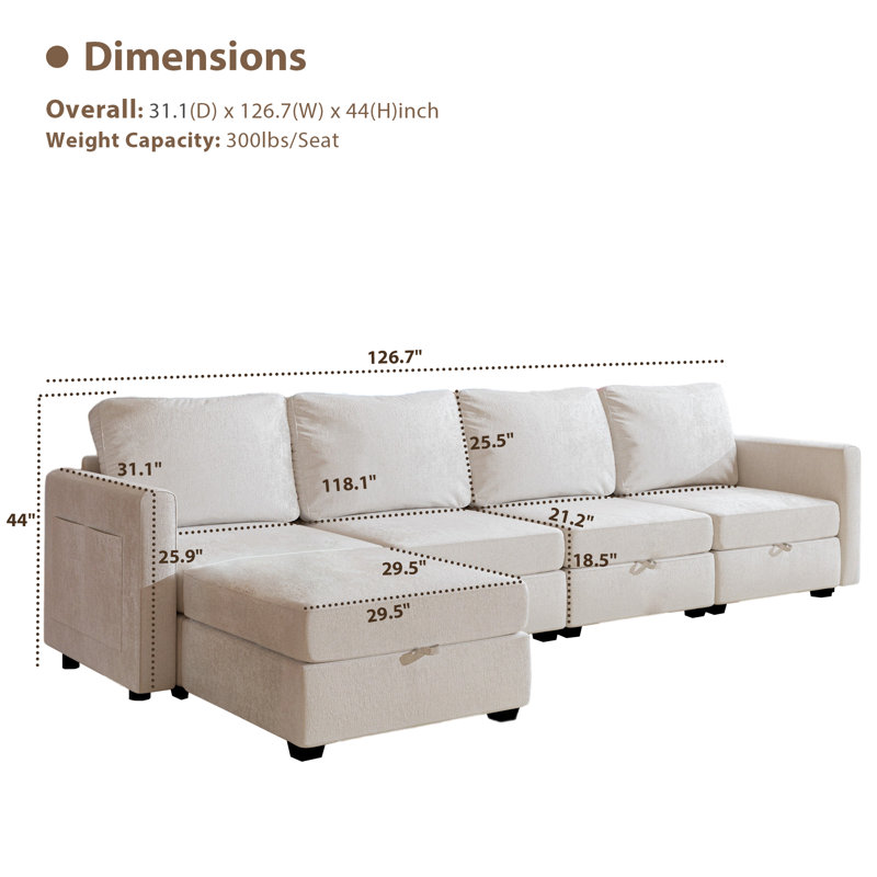 Canapé modulaire en L pour salon, Chenille beige, H 44 po x l 126,7 po x P 31,1 po