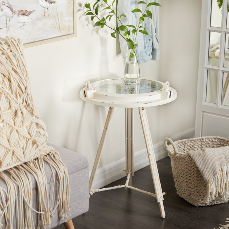Table d'appoint latérale en métal avec horloge et plateau en verre transparent Wyble, Blanc, H 27 po x l 19 po x l 19 po