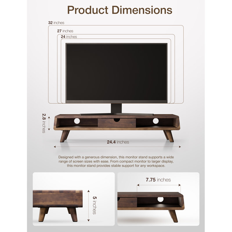 Support pour moniteur en bois d'acacia avec tiroir - Support pour écran en bois, Noyer