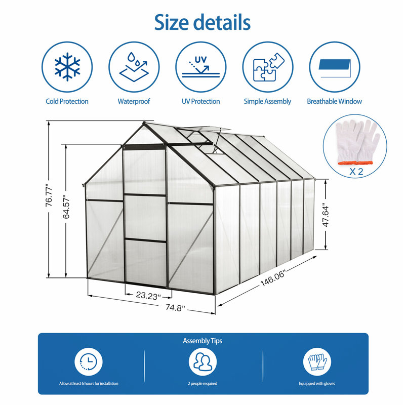 Polycarbonate Greenhouse Raised Base, 76.77" H x 74.8" W x 146.06" D, Black