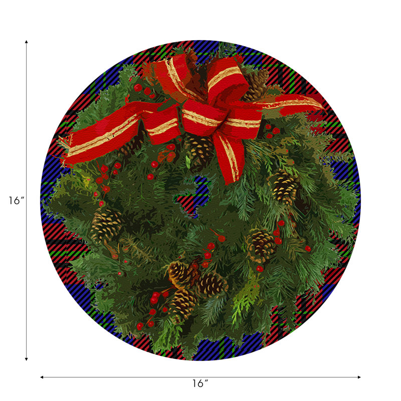 Christmas Wreath Vegan Leather Round Pebble Placemat, Tartan Blue