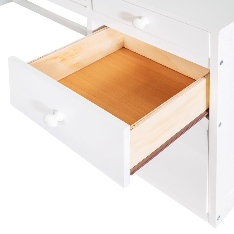 Lit mezzanine pleine grandeur avec tablettes et bureau en blanc - Structure compacte en bois massif idéale pour les chambres à coucher. Les tablettes de l 80,7 po x H 65,7 po créent un coin d'étude confortable
