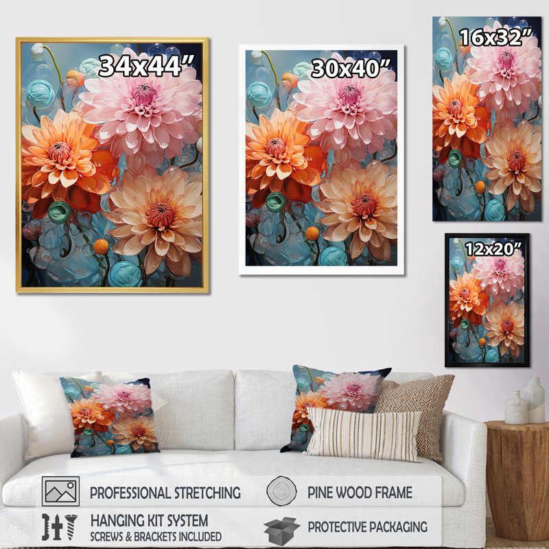 Zinnias roses et orange transparentes sur toile, H 44 po x l 34 po x P 1,5 po, Cadre flottant blanc