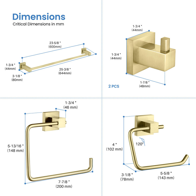 Cube 5 - Piece Bathroom Hardware Set, Brushed Gold