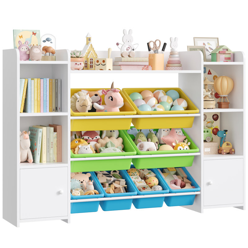 Lafon Manufactured Wood Toy Organizer with Bins, White/Yellow/Blue/Green