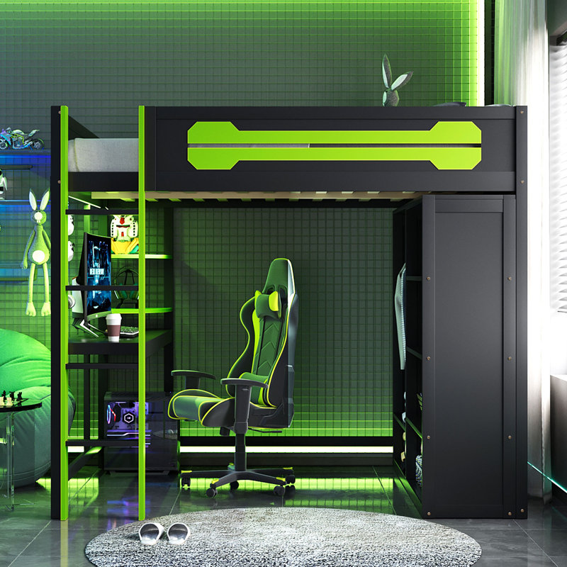 Lit mezzanine spacieux en bois avec bureau RVB, design moderne