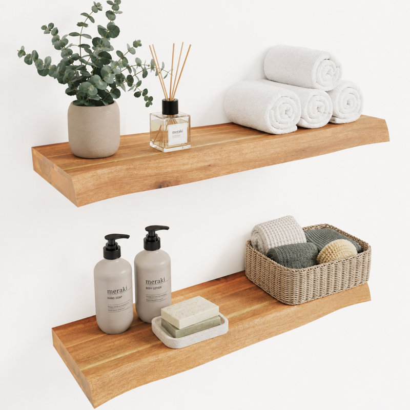 2 Pieces Acacia Solid Wood Live Edge Floating Shelves for Kitchen Wall Decor, Kitchen, Bathroom, Workspace, Teak look 24"x7.5"x1.5"