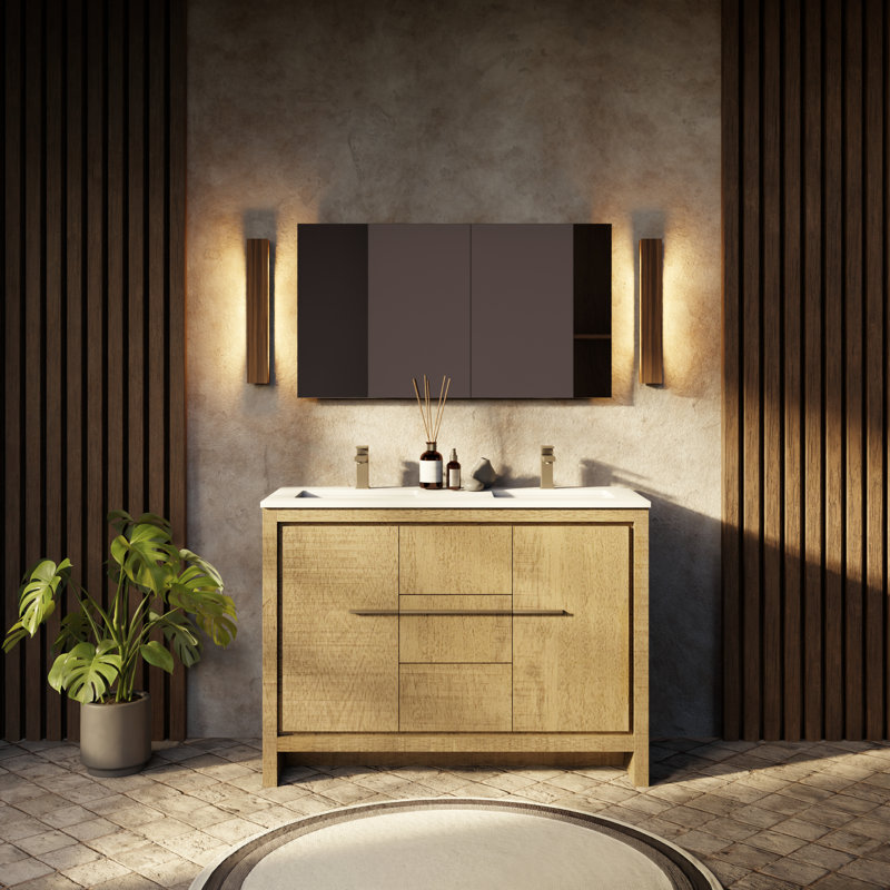 Lafarre 48 in W x 20 in D Double Bath Vanity Mirror & Faucet Set, Rustic Acacia, White Quartz
