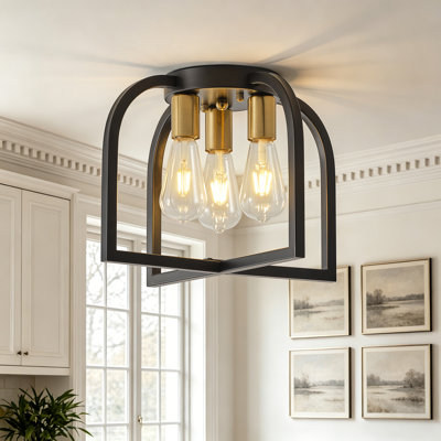 3-Light 14.56" W Modern Farmhouse Cage Flush Mount Ceiling Light Fixture