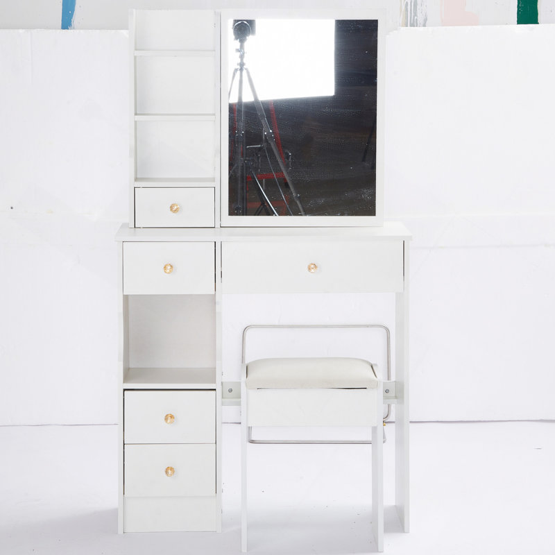 Vanity Desk, 29.2" Small Space Left Drawer Desktop Vanity Table , Cushioned Stool, Extra Large Right Sliding Mirror, Multi Layer High Capacity Storage, Practical Fashionable Dresser, Suitable For Small Space