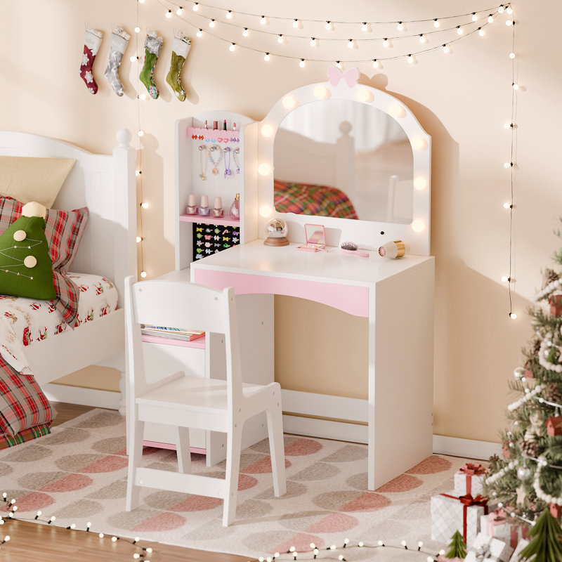 Kids Vanity, Vanity Set With Mirror And Chair, White