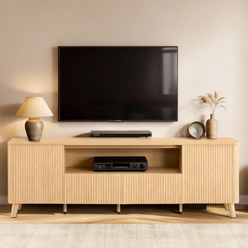  70" Modern Fluted TV Stand for TVs up to 80" with Open Storage, 2 Drawers & Adjustable Shelves, Natural Oak