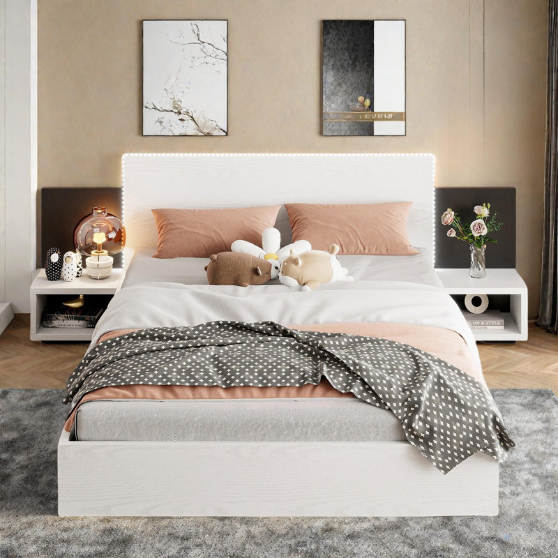 Wooden Floating Platform Bed With Led Lights And Built-in Nightstands, Queen, White