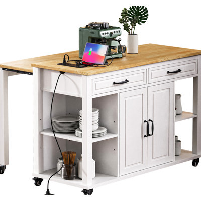 Îlot de cuisine 47,2 po avec table à rallonge de 13,8 po, placage en bois d'hévéa, rangement interne, bloc d'alimentation