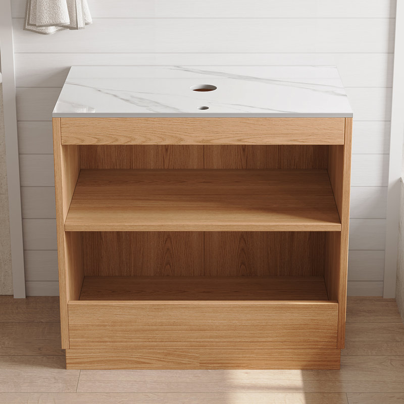 Armoire de meuble-lavabo moderne avec porte cannelée 30 po, armoire de rangement autoportante avec comptoir en pierre, sans évier