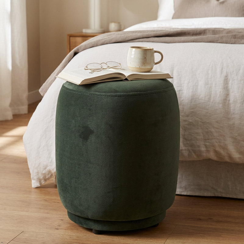 Round Velvet 15" Accent Stool Ivory, Green