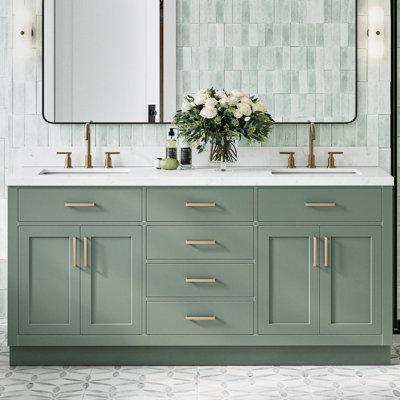 Meuble-lavabo double en bois massif 72 po avec plateau en quartz Carrara de 1,5 po Thornaby